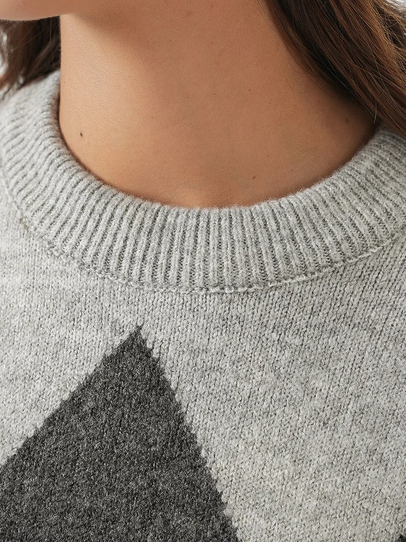 Big Dart Grey BDART Oversized Argyle Crew Neck Jumper for Women | Best Price UAE